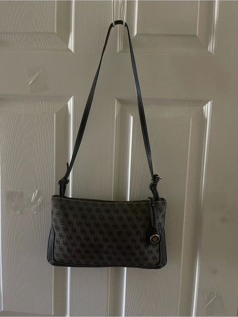Vintage Dooney & Bourke gray canvas black Logo-Print Shoulder Bag leather trim